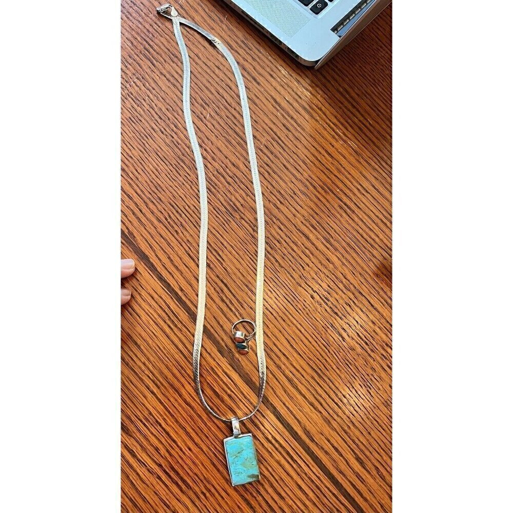 Vintage 925 Sterling Silver Set Necklace Ring Turquoise - Picture 3 of 8